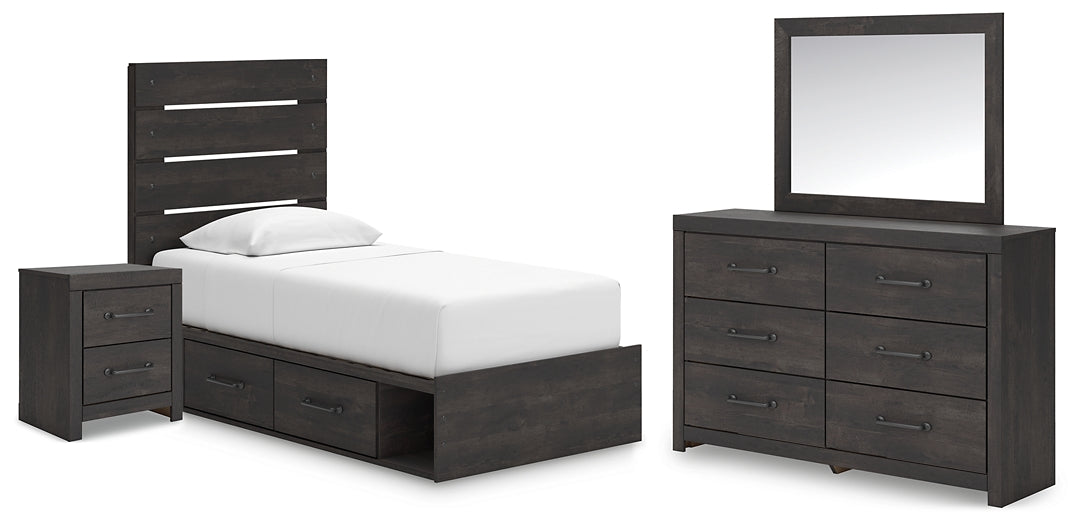 Hollivern Twin Panel Bed with Storage with Mirrored Dresser and Nightstand